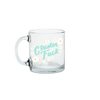 a cute glass mug that says cluster fuck in light blue with white daisies