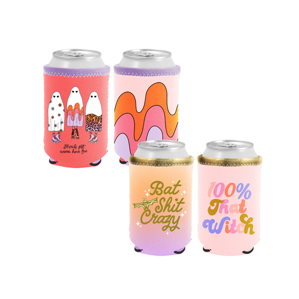 Can coolers in 4 different designs: "Ghouls just wanna have fun" ghosts, orange/pink/lavender waves, "bat shit crazy" orange lavender gradient, & "100% That Witch" in rainbow lettering