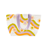 Clear All Day Tote bag with white flowers, and a groovy wavy pattern with orange, purple, and green colors.