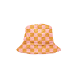 A pink and olive green checkered bucket hat.
