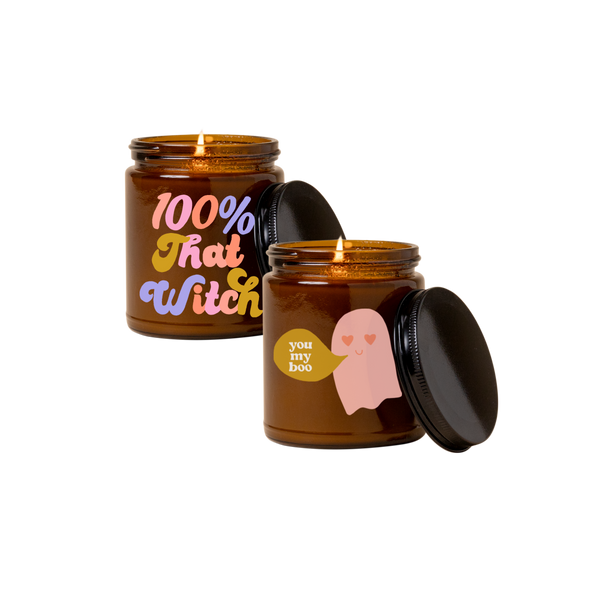 Halloween candle amber jar with lid in 2 variations; Halloween candle amber jar with lid with pink ghost and word bubble saying "you my boo"; Halloween candle amber jar with lid with saying "100% that witch" in shades of pink, purple and orange
