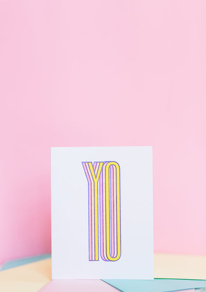 Yo card features a large graphic lettering of the word YO.