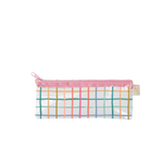 Vinyl pouch with multi-color plaid design and pink zipper detail.