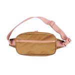 Large hip bag in brown with dusty pink strap, buckle, and zipper enclosure
