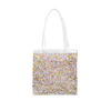 Cute clear vinyl tote bag with rainbow glitter confetti and vinyl shoulder strap.