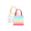 Cute colorful Vegan Leather tote bags. Party Print and rainbow ombre print.