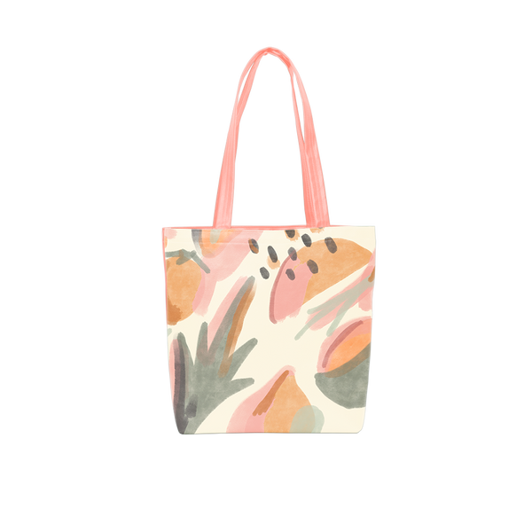 Cute tote bag with abstract fruit design and peach shoulder straps.