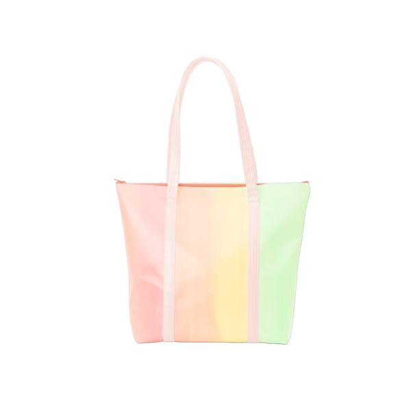 Cute tote bag in pastel rainbow ombre and blush pink straps with a zippered top.
