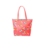 Cute tote bag with zippered top in red with rainbow polka dot pattern.