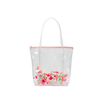 Cute tote bag in clear vinyl with colorful pom poms and a peach zippered top.