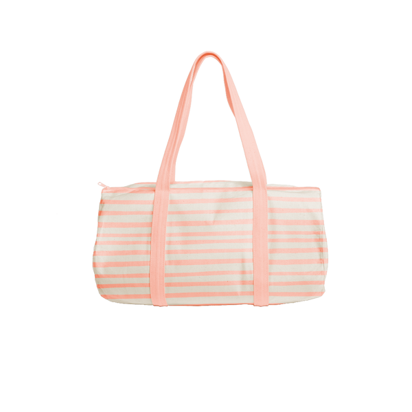 Cute duffel bag in canvas with peach stripes.