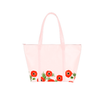 Cute tote bag in blush pink with red poppies, zippered top, and double shoulder strap.