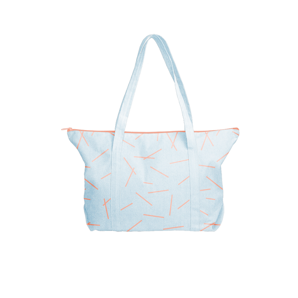 Cute tote bag in beachwash denim canvas with peach zippered top and double shoulder straps.