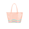 Cute tote bag in peach vegan leather with rainbow wavy line trim and a zippered top.