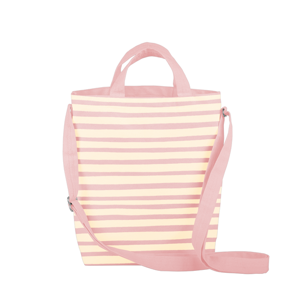 pink canvas tote bag with stripes and adjustable straps