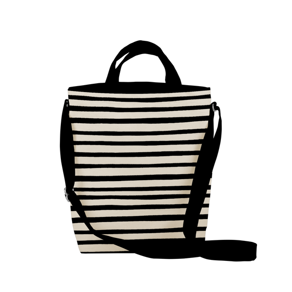cute tote bag with black canvas, stripes, and adjustable straps