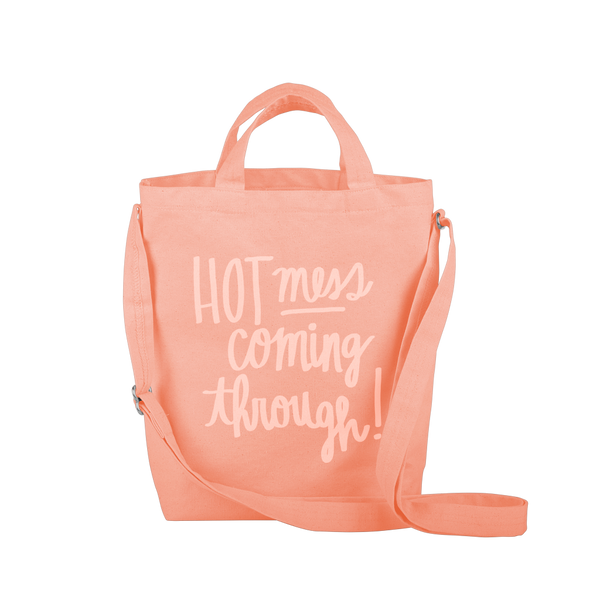 peach canvas tote with hot mess coming through and adjustable straps