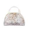 Small clear vinyl handbag with rainbow glitter confetti and gold zipper.