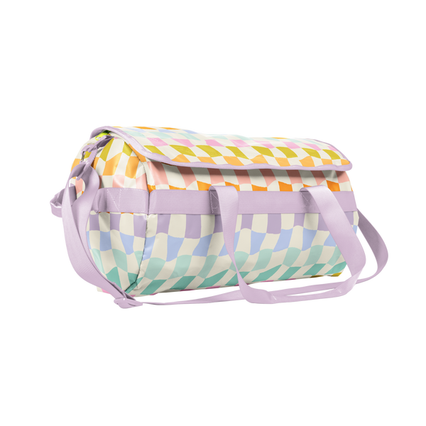 Rainbow checkered Travler Duffle bag with blues, purple, orange, green, and pink colors.
