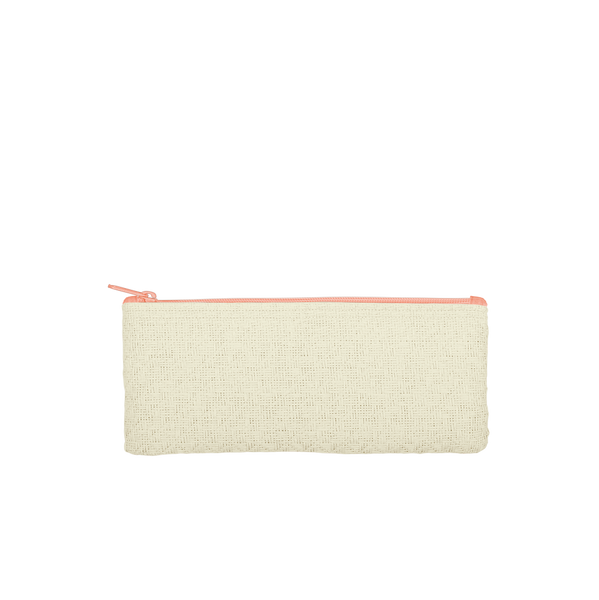 This cute pencil pouch is made of natural straw material with a coral zipper.