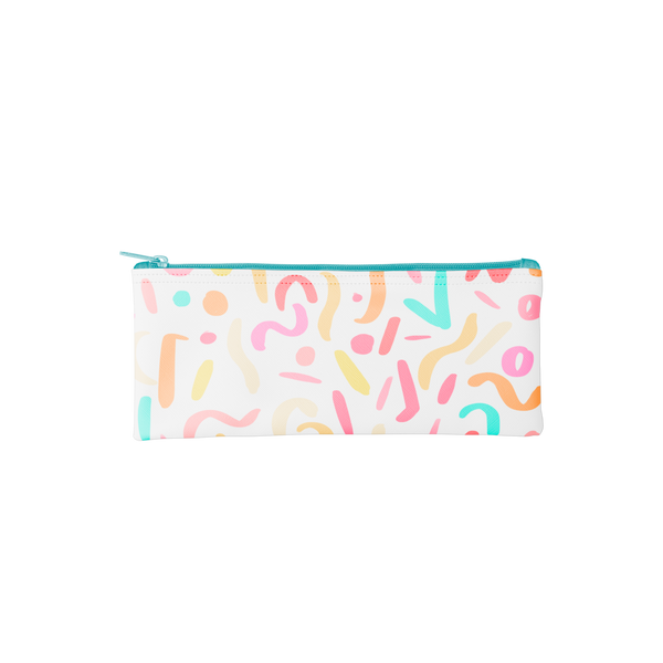 A Pixie pouch in rainbow confetti print and a blue zipper with a white background.