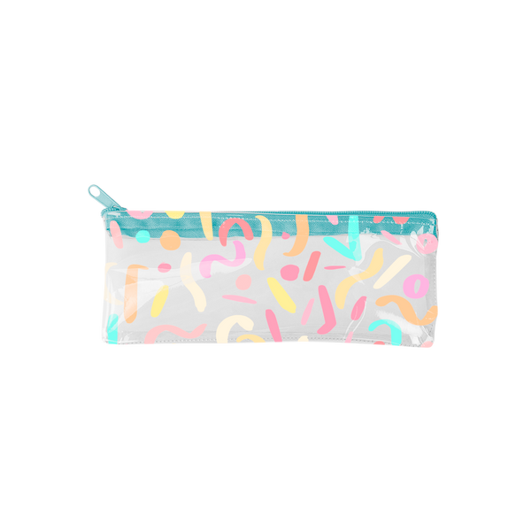 A clear Pixie pouch in rainbow confetti print and a blue zipper .