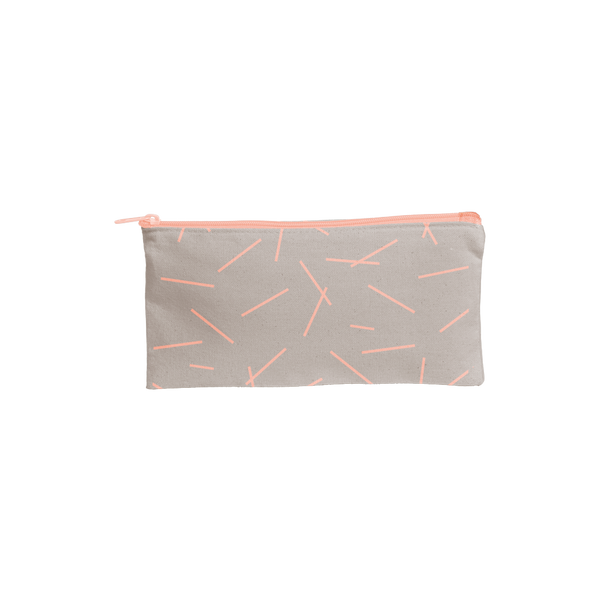 Large pencil pouch in gray canvas with peach pixie sticks pattern. -- Overcast - Pixie Sticks