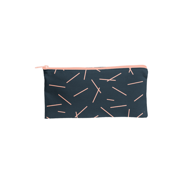 Large pencil pouch in navy blue canvas with peach pixie sticks pattern. -- Midnight - Pixie Sticks