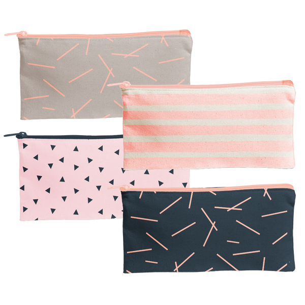All the Things Pouch is a cute pencil pouch in canvas in navy blue, peach stripes, pink with triangles, and light gray.