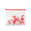 a clear pouch with poms poms inside