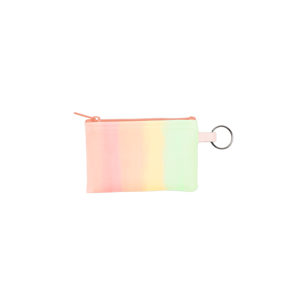Daybreak Penny Key Ring is a coin purse key ring in a pastel rainbow gradient with a silver key ring.