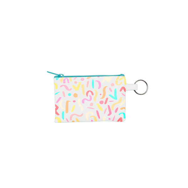 Party Animal Penny Key Ring is a coin purse key ring in rainbow confetti print and a blue zipper.