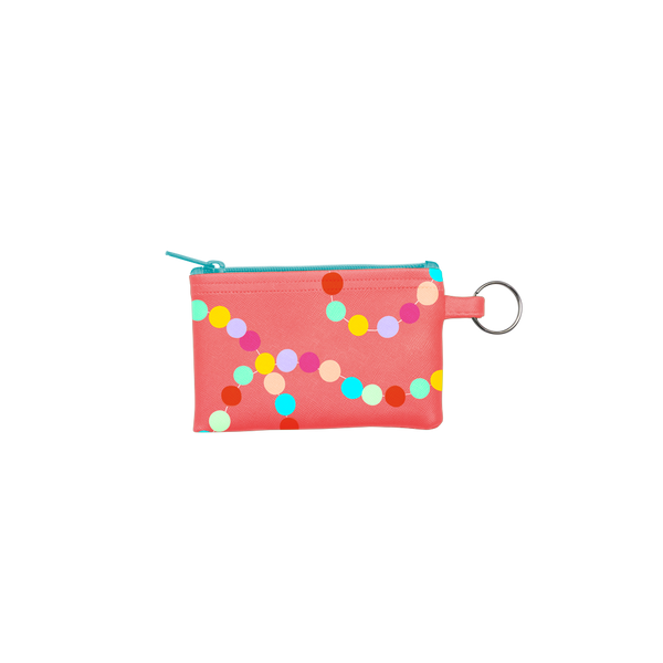 Sugar Rush Penny Key Ring is a coin purse key ring in red with rainbow polka dots pattern. 