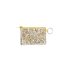 A clear vinyl pouch with sparkly confetti. Pouch has a gold colored zipper and a key ring.