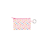 Small, light pink pouch with multicolored mini hearts printed all over and a key ring on the side of the pouch.