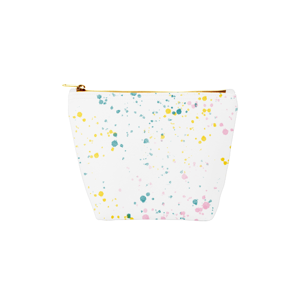 White pouch with prink, yellow, and blue splatters all over the pouch.