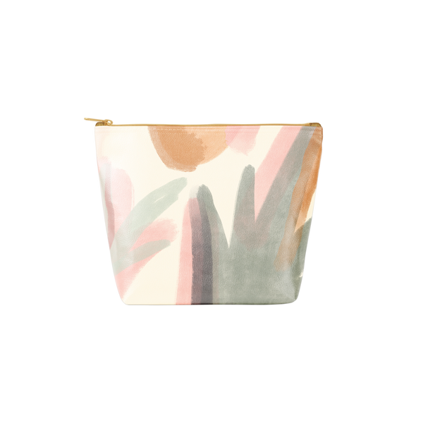 A cream colored pouch with greens, pinks, and oranges. Colors are used in leaf-like abstract designs.