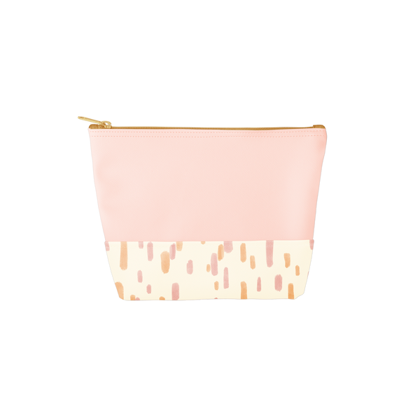 A blush pink pouch with a cream colored base. Base also has pink and orange specs in a rounded rectangle shapes.