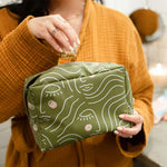 Small size Olive Green travel/makeup pouch Bag with Peach and White Pattern of an outlined face.Peach Zipper