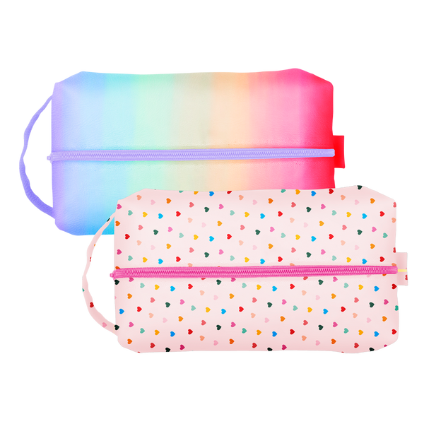 Ice Cream Social Doppelganger is a large toiletries bag in tiny hearts and rainbow meltdown patterns.