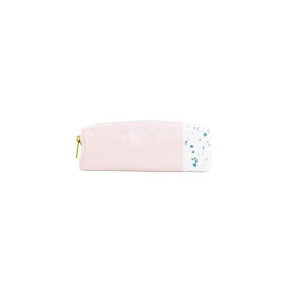 Cute pencil pouch in blush pink, with zippered top and white paint splatter detailing.