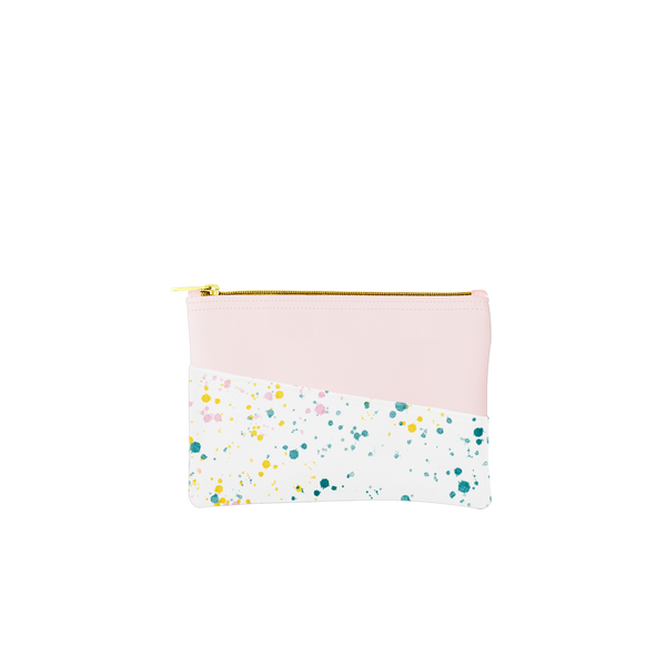 Small pouch with a pocket in blush pink with white paint splatter print.