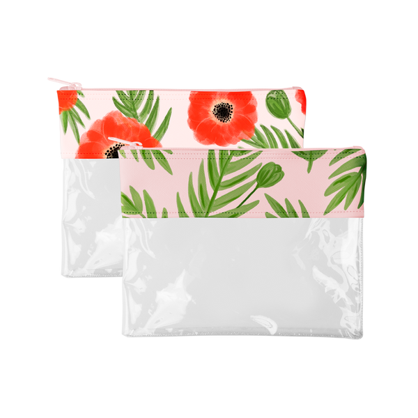 Dollface Pouch is a clear pencil pouch crafted from vinyl in Buds or Poppies print.