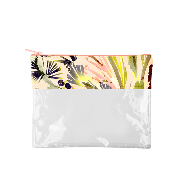 This large, cute pencil pouch is made of clear vinyl with a tropical plants patterned top with a pink zipper.