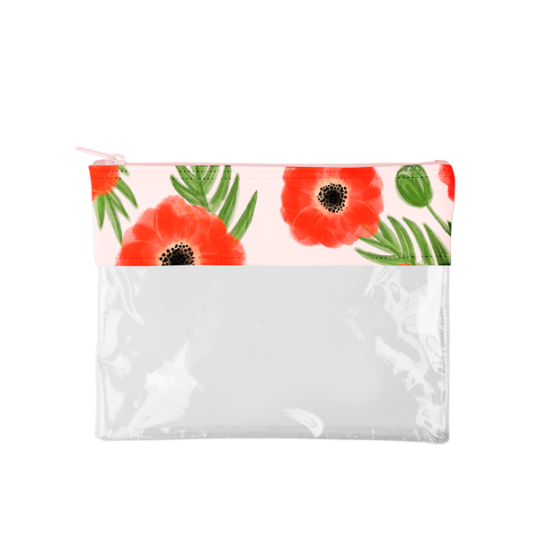 This cute pencil pouch is crafted from clear vinyl in blush pink with red poppies pattern.