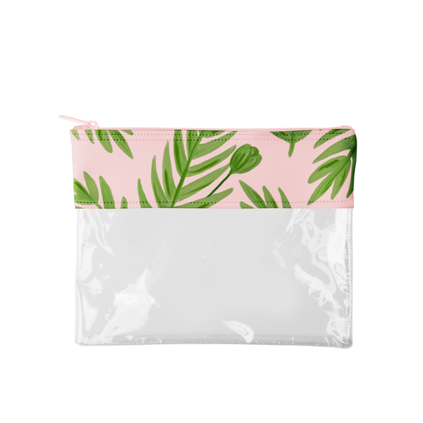 This cute pencil pouch is made of clear vinyl with a blush pink and green leaves trim.