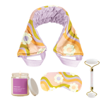 Colorful rainbow wave with flowers around weighted neck wrap and eye pillow with an "oopsie daisy" purple candle and a face roller. 