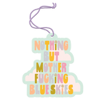 Air freshener with "Nothing But Motherfucking Blue Skies" printed on it with clouds in the background. 