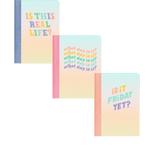 A set of three mini notebooks. The first says, "is this real life" and second has 5 rows of "what day is it?" and the third says "is it Friday yet?" 