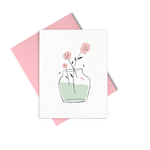 Vase of Flowers greeting card has a pink floral bouquet in a vase and includes a pink envelope.